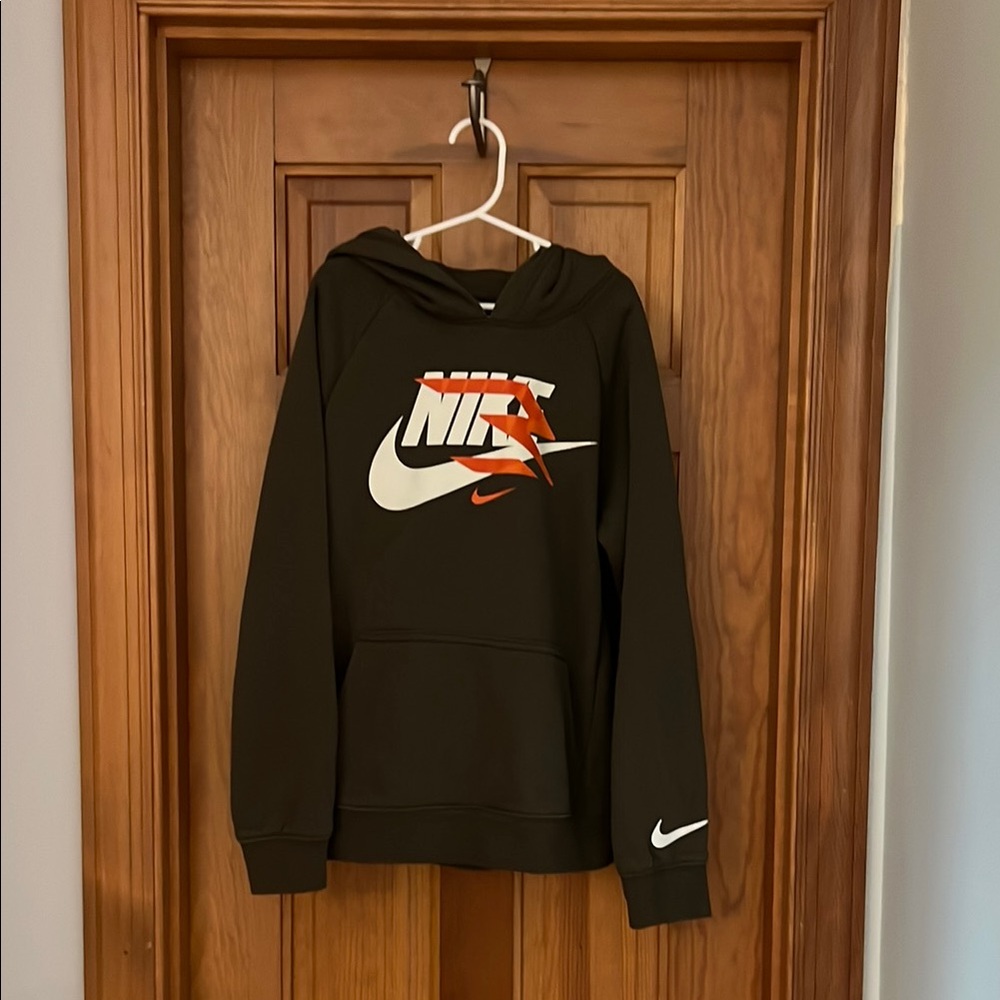 Youth Nike Hoodie- Olive Green/Greyish color, orange and white design